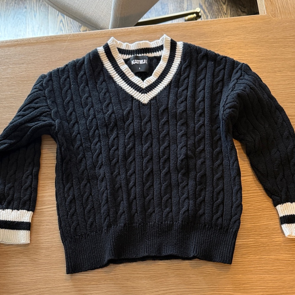 Katie J NYC Black Cable Knit Sweater with White Trim